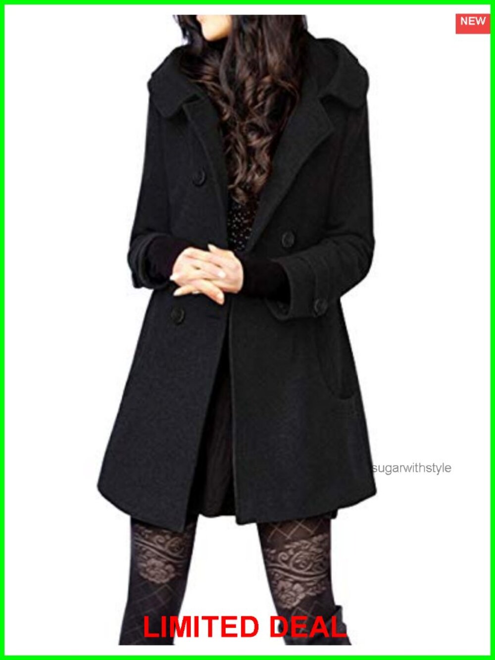 Hooded Wool Blend Coat Mid Length Double Breasted Peacoat